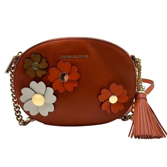 Michael Kors Burnt Orange Leather Floral Applique Crossbody Bag